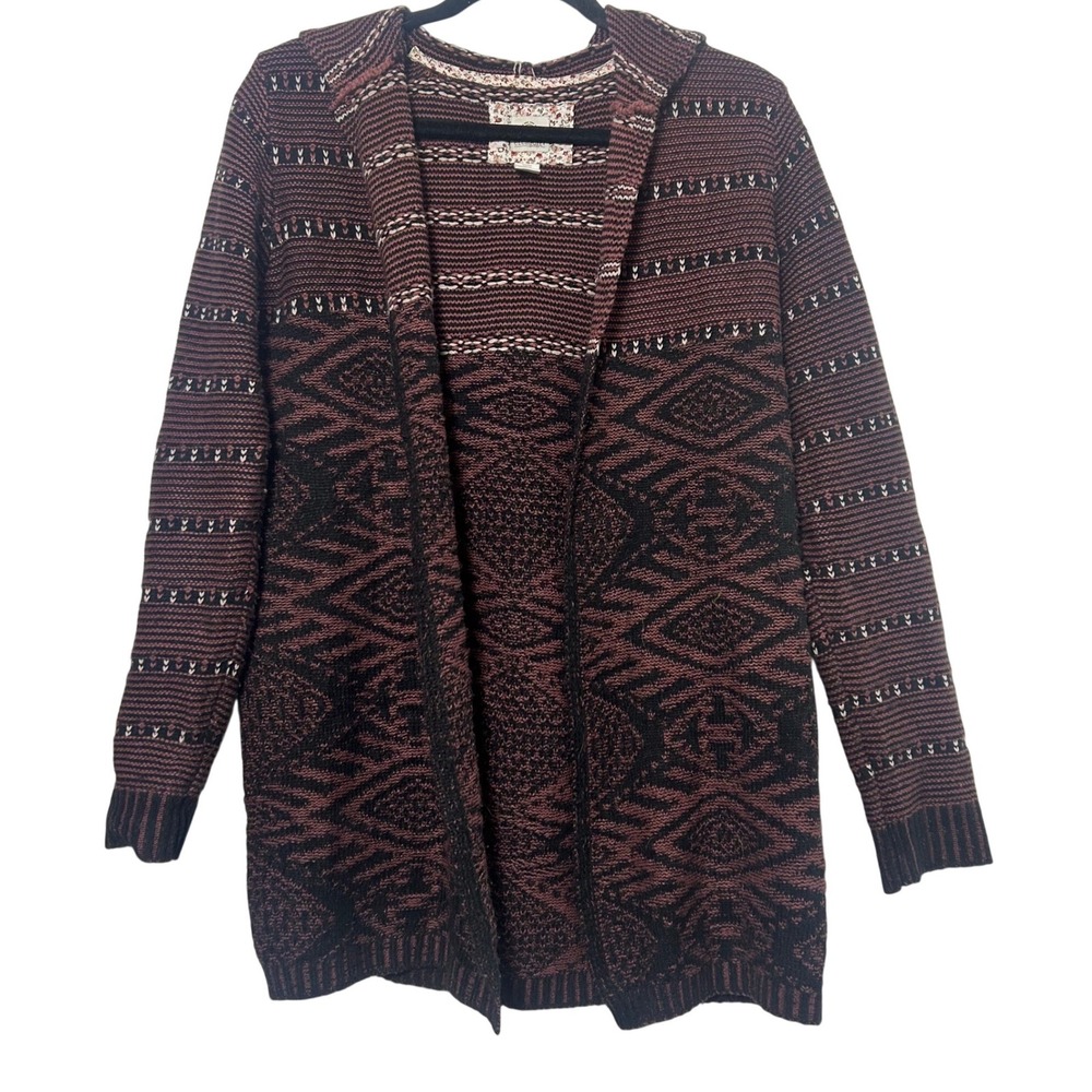 Element Eden‎ vtg y2k Hooded Cardigan Sweater Geometric Pattern Burgundy Black